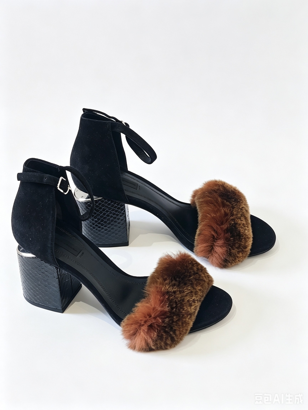 Alexander Wang Abby   Black Sude and  Furry Strap Block Heel Sandals